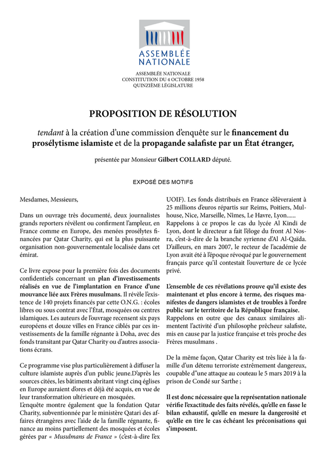 Le député Collard demande une commission d’enquête sur le financement islamiste par un État étranger