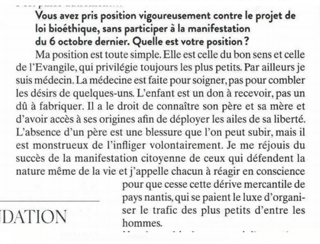 Mgr Aupetit réagit sur la manifestation du 6 octobre dans Paris-Match