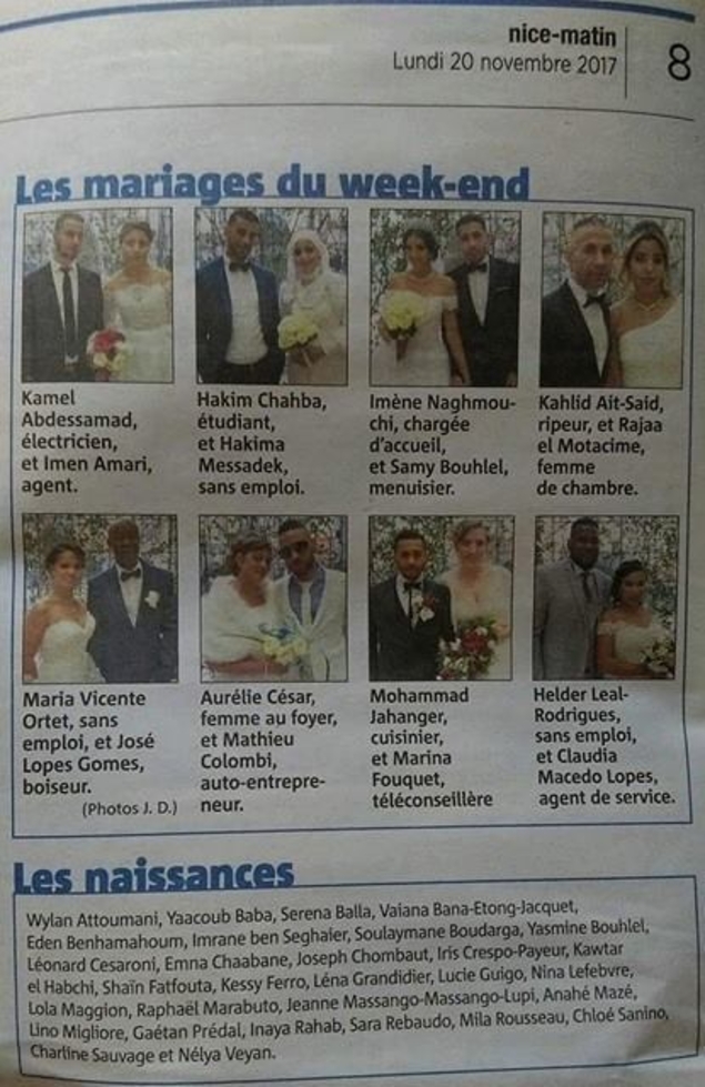 Nice : les mariages et les naissances du week-end